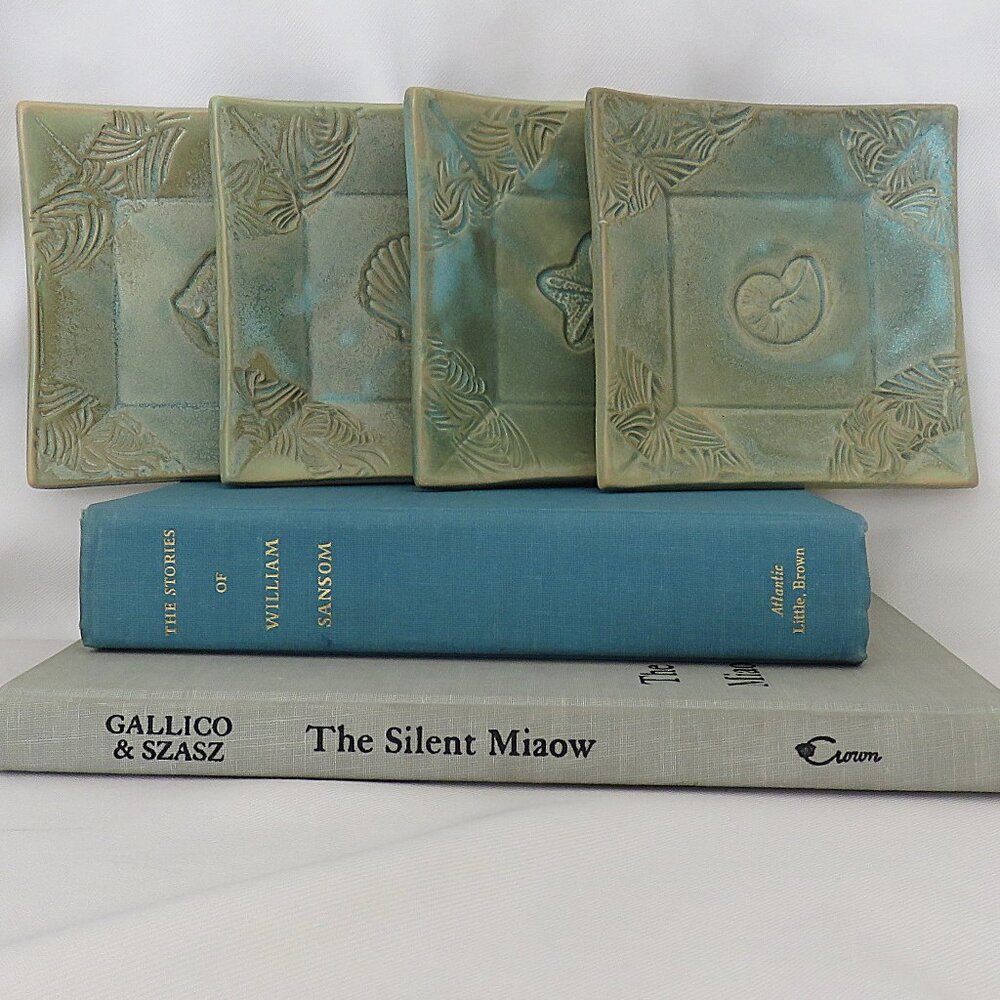 Ocean Theme Pottery Ceramic Appetizer Plates Set of 4 Sage Moss Aqua Green..126